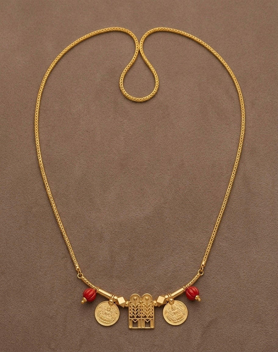 Gold tone 24 inches chain with coral bead lakshmi coin thulasi mangalyam dj-54376