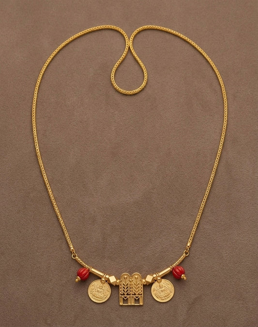 Gold tone 24 inches chain with coral bead lakshmi coin thulasi mangalyam dj-54376