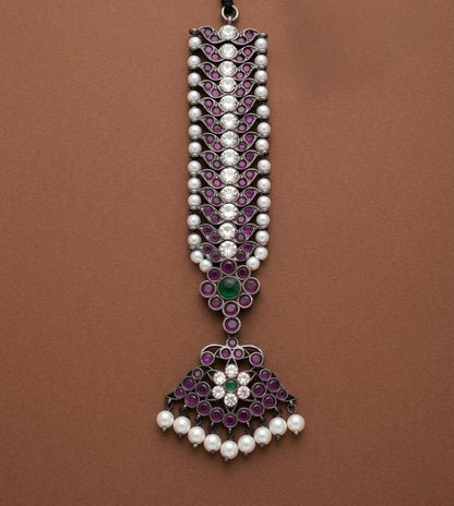 Black finish precious kemp-green-white pearl flower tikka dj-53390