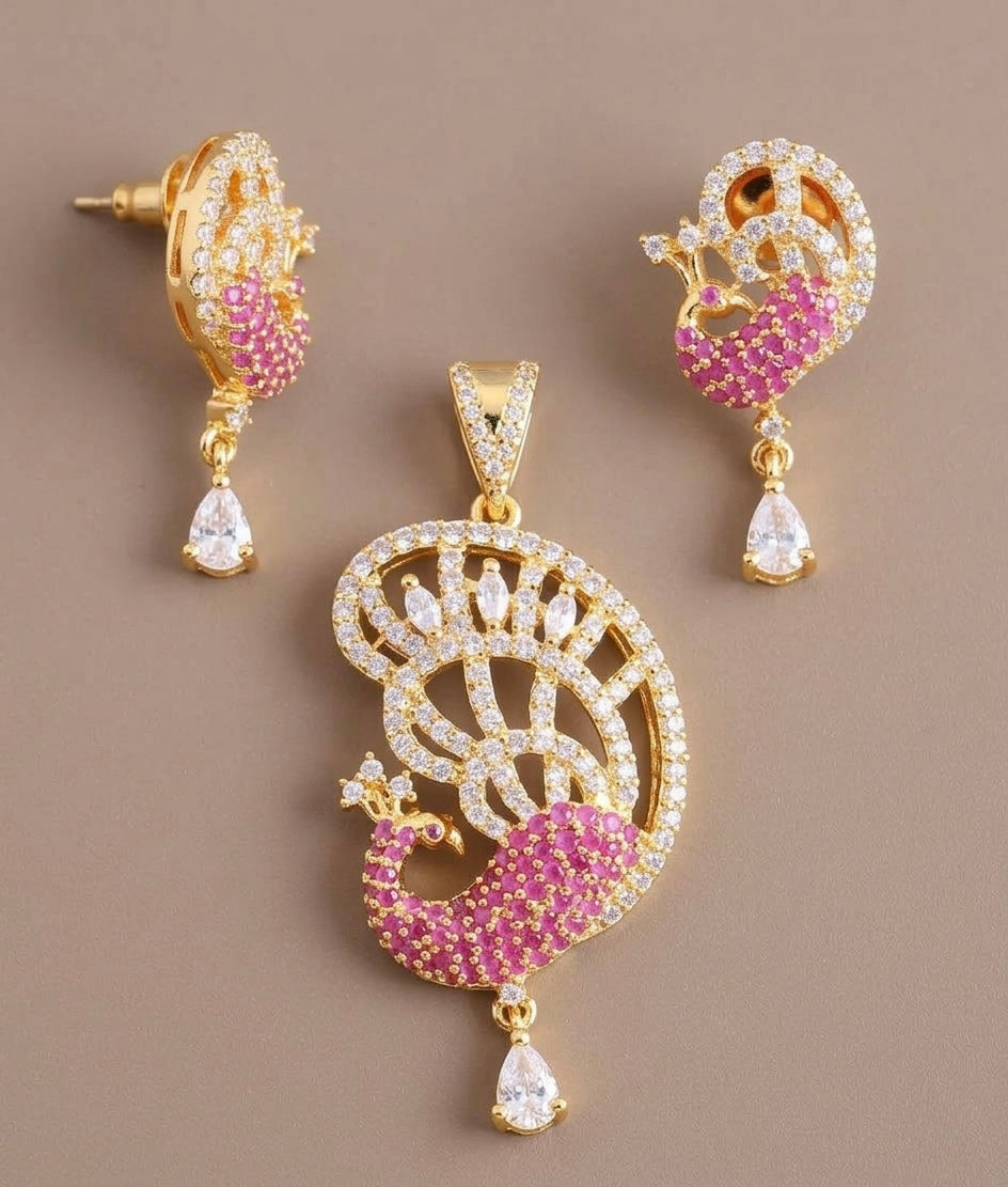 Gold tone cz-ruby peacock pendant set-dj06030