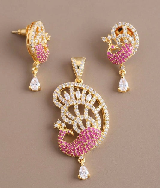 Gold tone cz-ruby peacock pendant set-dj06030