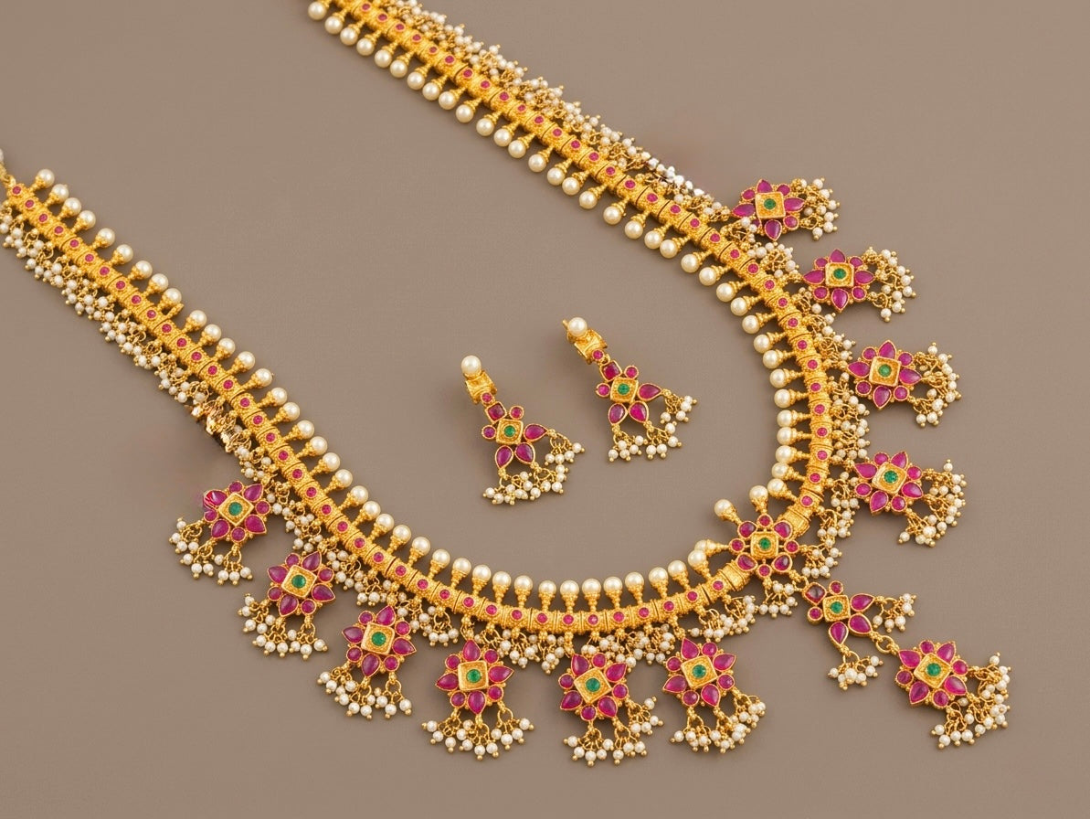 Gold look alike ruby-green gutta pusalu haar set dj-06286