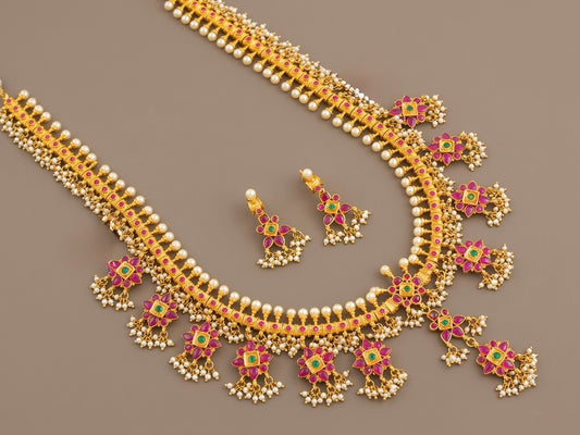 Gold look alike ruby-green gutta pusalu haar set dj-06286