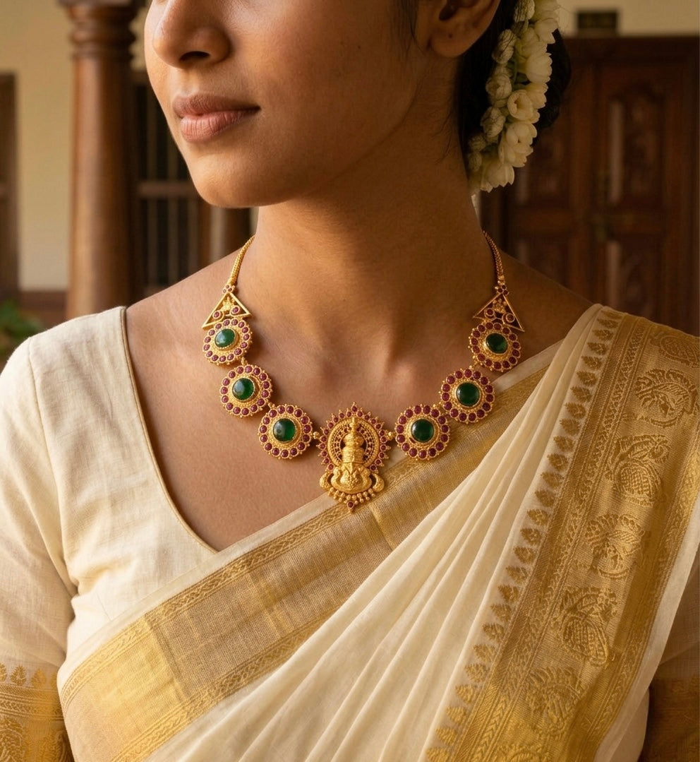 Gold tone pink-green kerala style kathakali necklace dj-53092