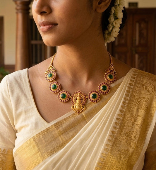 Gold tone pink-green kerala style kathakali necklace dj-53092