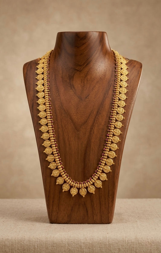 Gold tone pink stone lakshmi coin haar dj-53173
