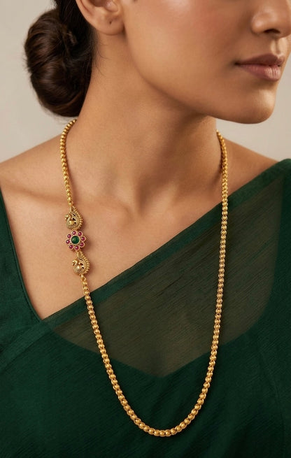 Antique gold tone pink-green stone peacock mugappu chain dj-54427