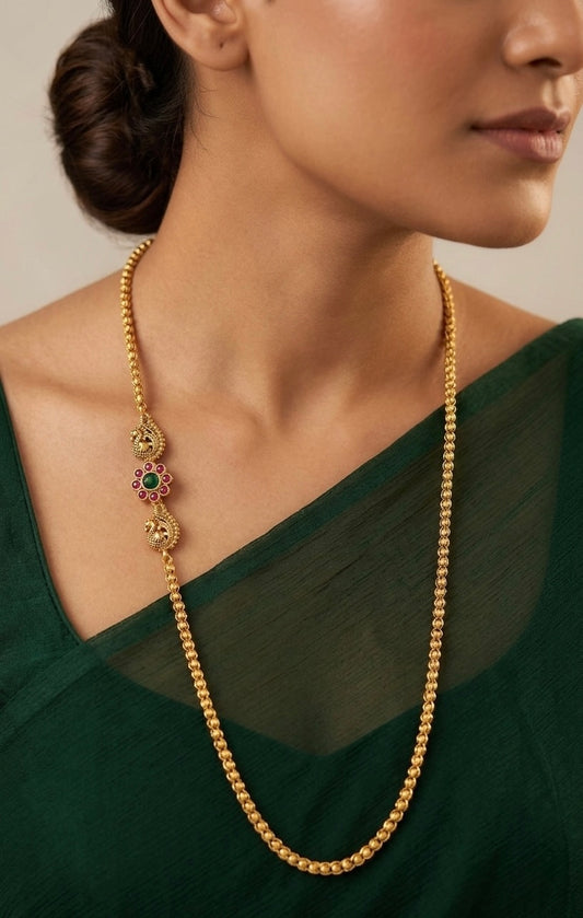 Antique gold tone pink-green stone peacock mugappu chain dj-54427