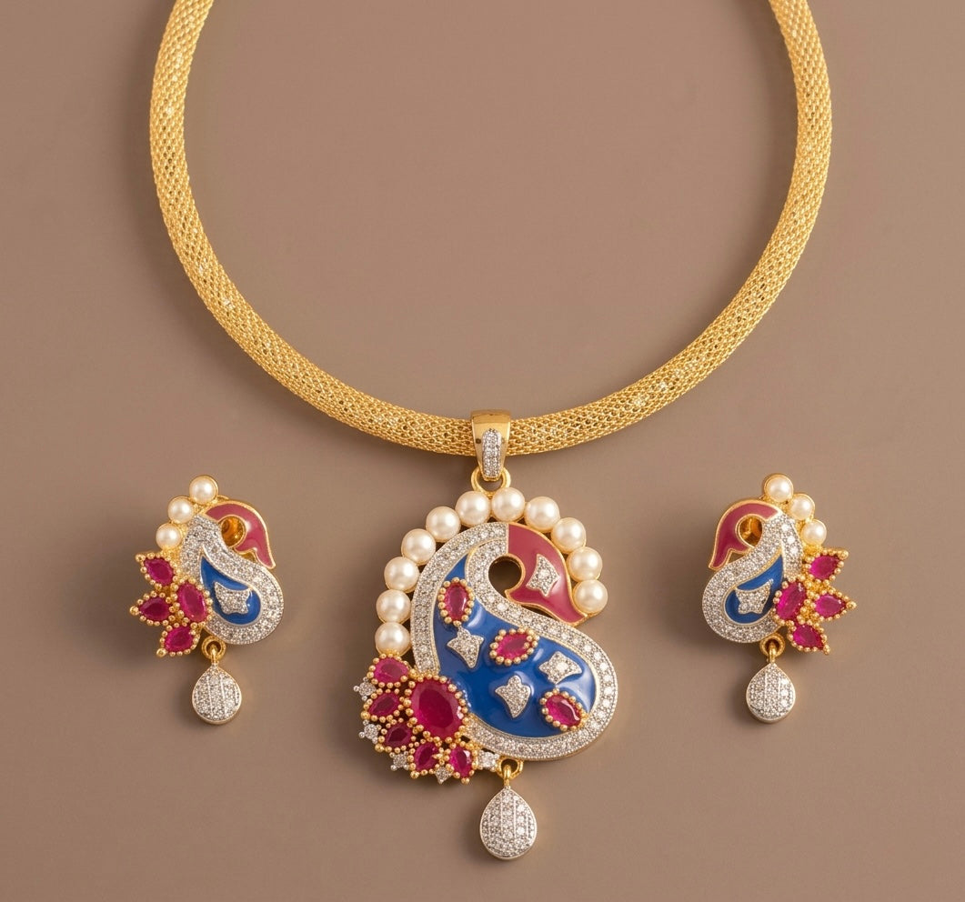 Two tone cz meenakari blue mango necklace set-dj06040