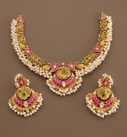 Antique gold tone pink-green-white pearl cluster kundan jadau necklace set dj-54430