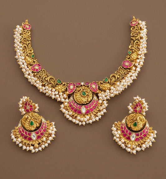 Antique gold tone pink-green-white pearl cluster kundan jadau necklace set dj-54430