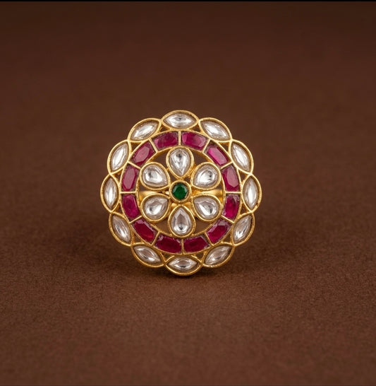 Gold tone pink-green-white kundan jadau round finger ring dj-54320