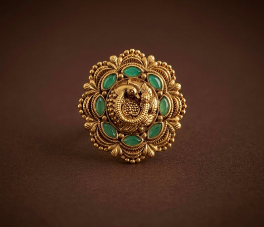 Antique gold tone green stone peacock finger ring dj-54335