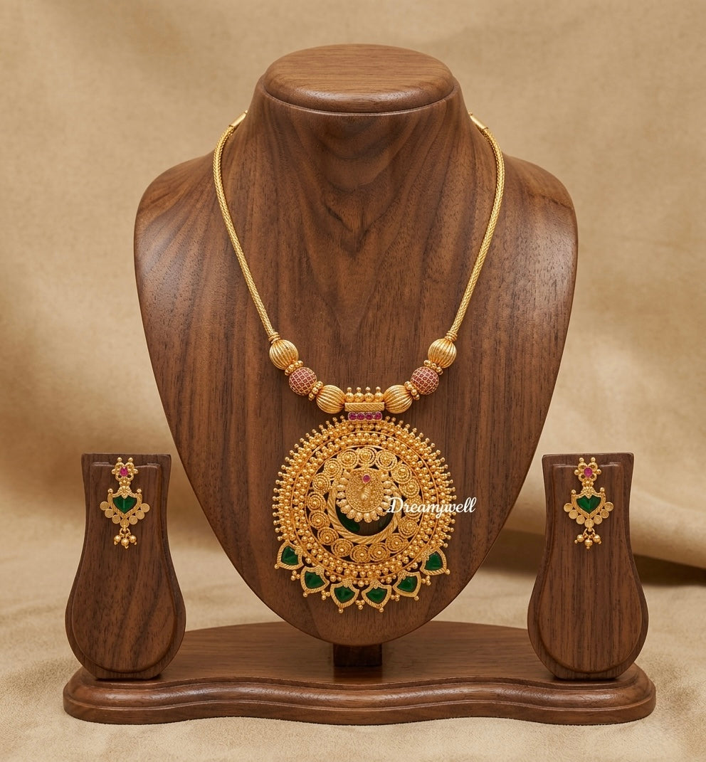 Gold Tone Pink-green Stone Palakka Necklace Set DJ33639