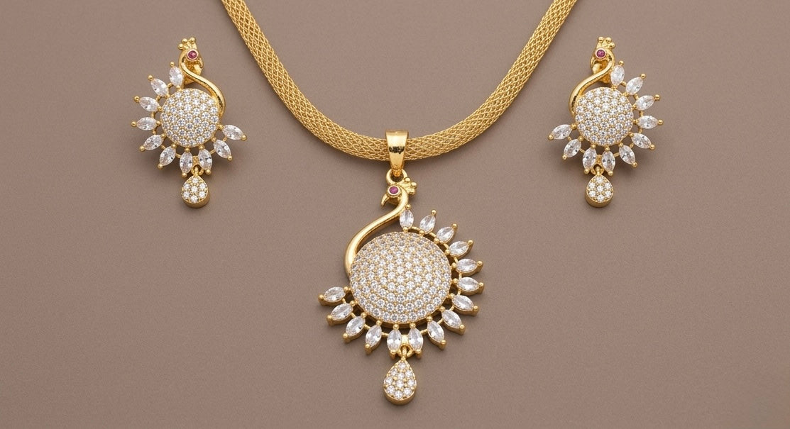 Gold tone cz white peacock pendant chain set DJ22559