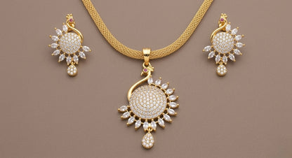 Gold tone cz white peacock pendant chain set DJ22559