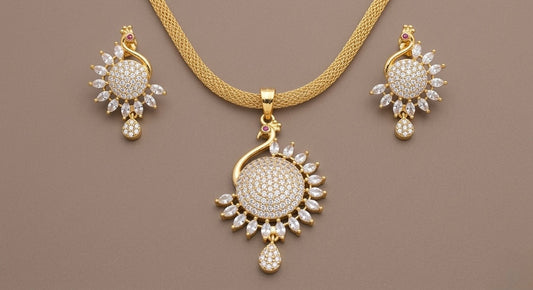 Gold tone cz white peacock pendant chain set DJ22559
