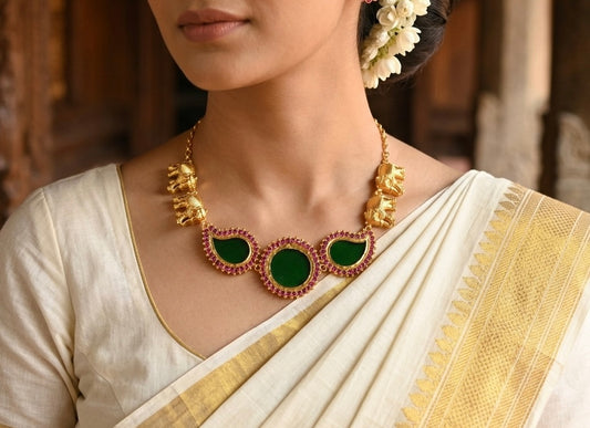 Gold tone kerala style ad pink-green round mango elephant choker dj-48063