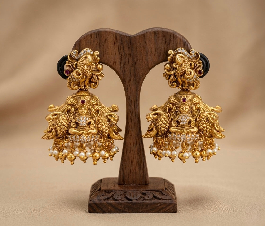Antique gold tone nakshi peacock lakshmi  jhumkka dj-53566