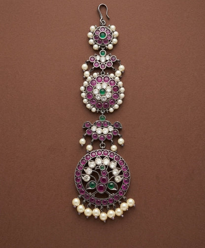 Black finish precious kemp-green-white pearl peacock tikka dj-53389