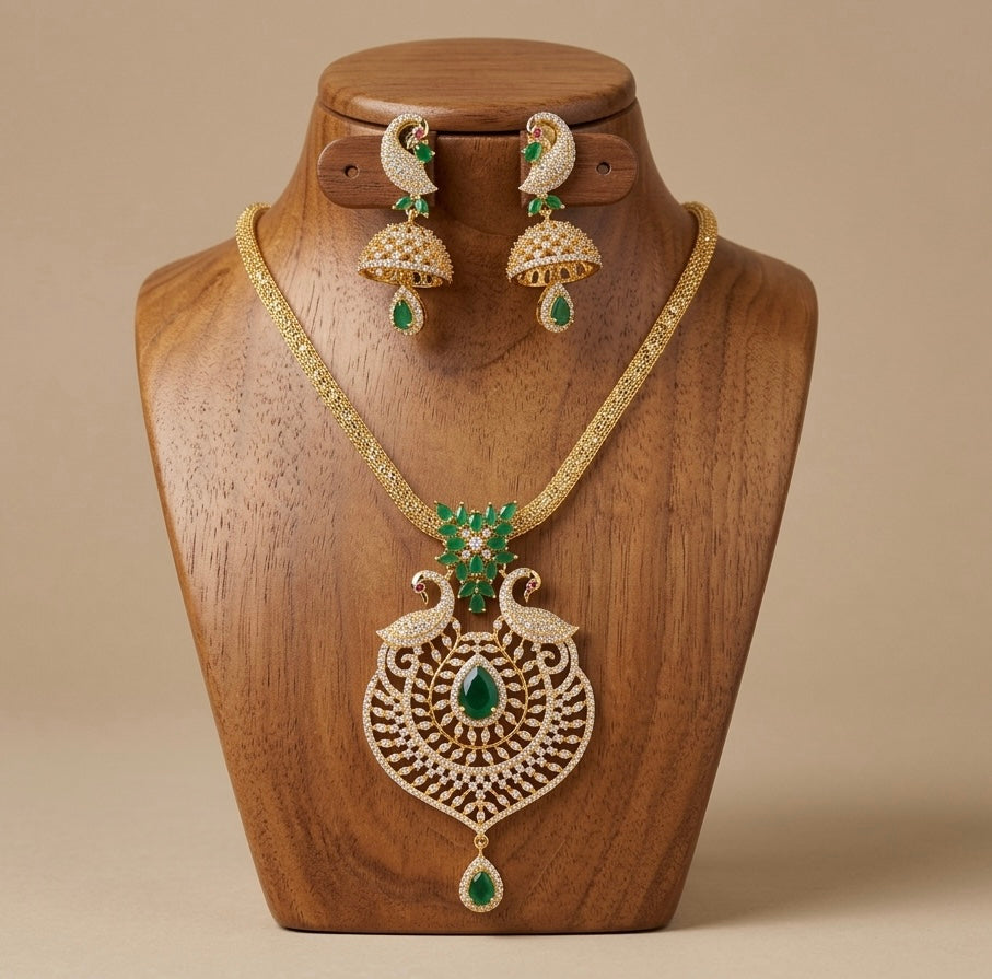 Gold tone cz-emerald peacock pendant set dj-02958
