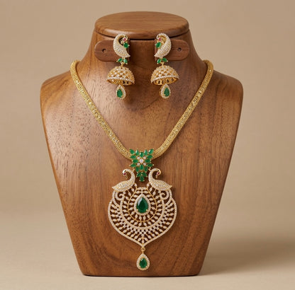 Gold tone cz-emerald peacock pendant set dj-02958
