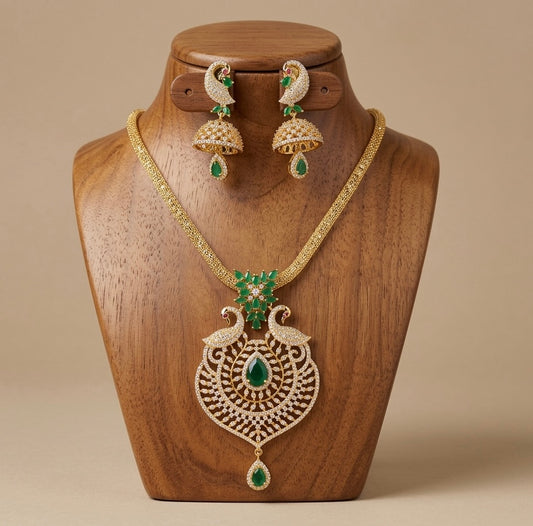 Gold tone cz-emerald peacock pendant set dj-02958
