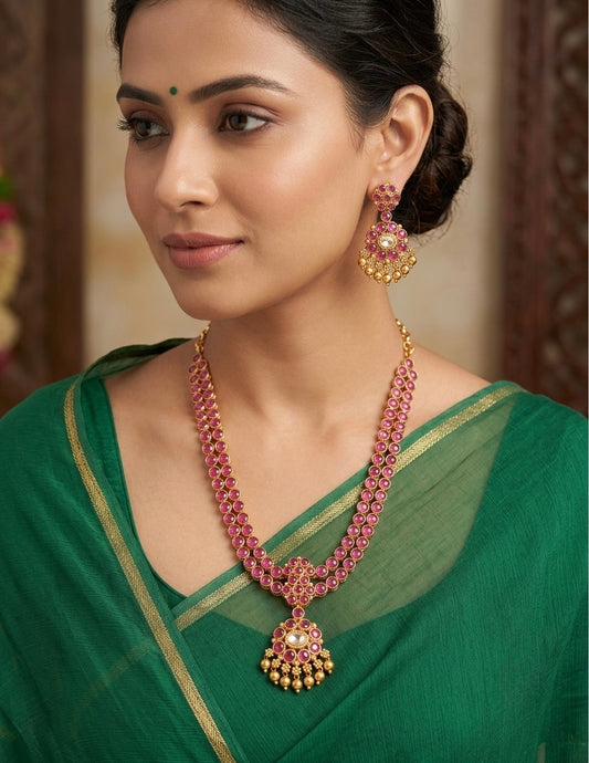 Matte finish pink-white double layer attigai/necklace set dj-54167