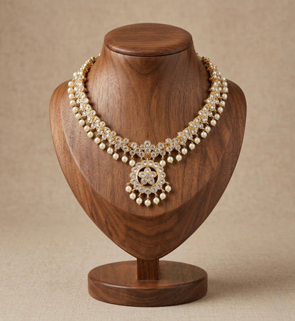 Gold tone AD white stone pearl necklace dj-53227