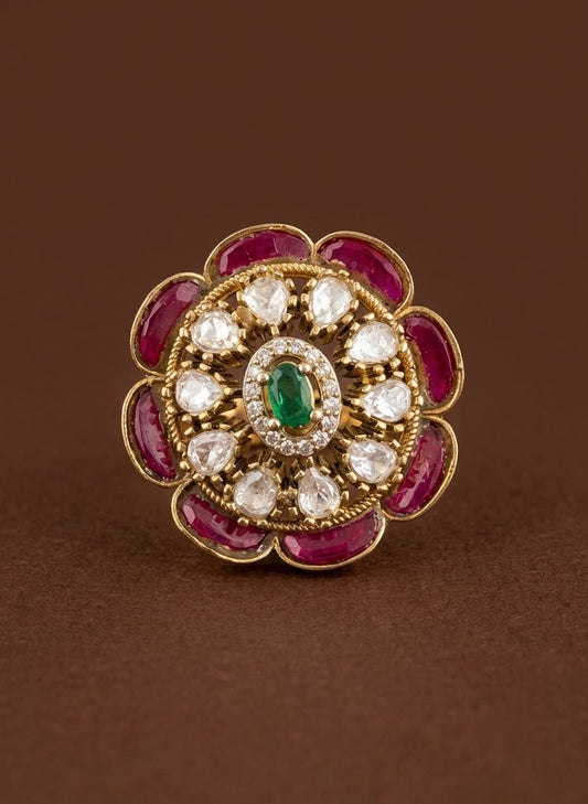 Antique gold tone pink-green-white kundan jadau round finger ring dj-54323