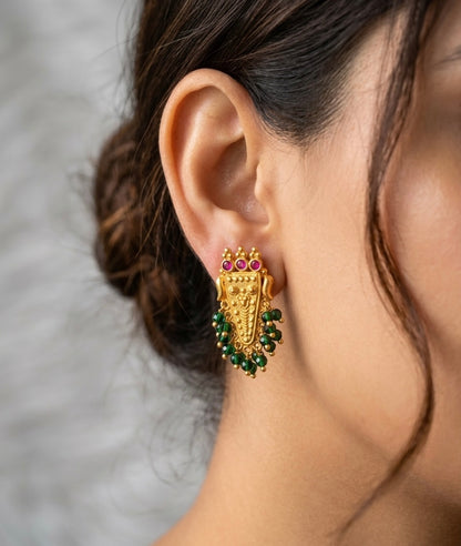 Gold tone pink stone green beaded nethipattam earrings dj-54205