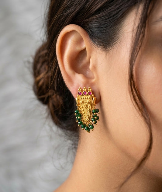 Gold tone pink stone green beaded nethipattam earrings dj-54205