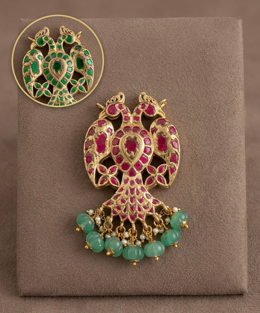 Gold tone pink-green kundan jadau reversible Gandaberunda pendant dj-53842