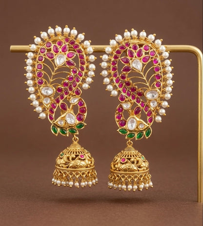 Gold tone kundan jadau big peacock khanpool jhumkka dj-53579