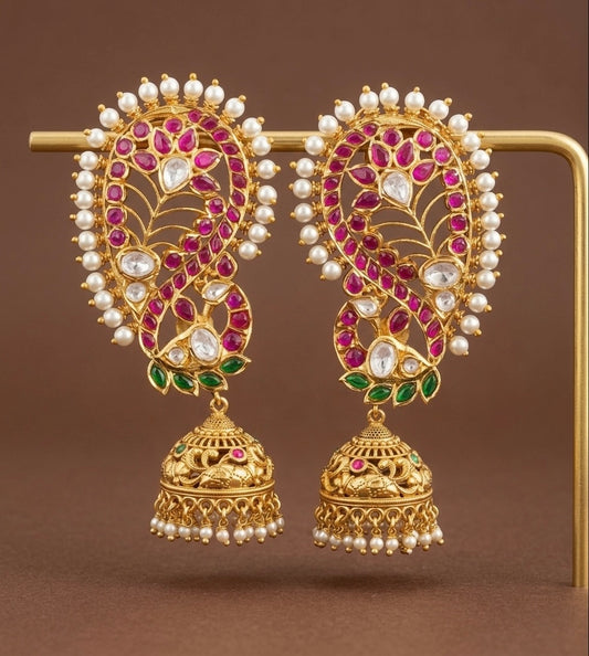 Gold tone kundan jadau big peacock khanpool jhumkka dj-53579
