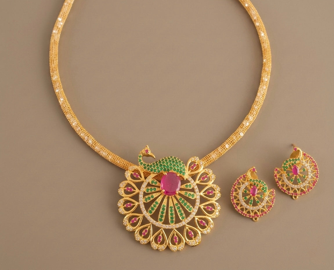 Gold tone Cz Ruby-emerald Peacock Necklace Set-dj12497