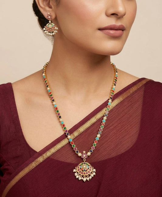 Gold tone navarathna stone pearl haar set dj-54560