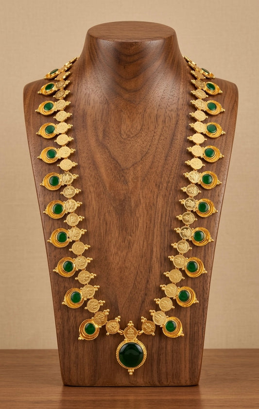 Gold look alike round palakka green Lakshmi coin haar dj-34969