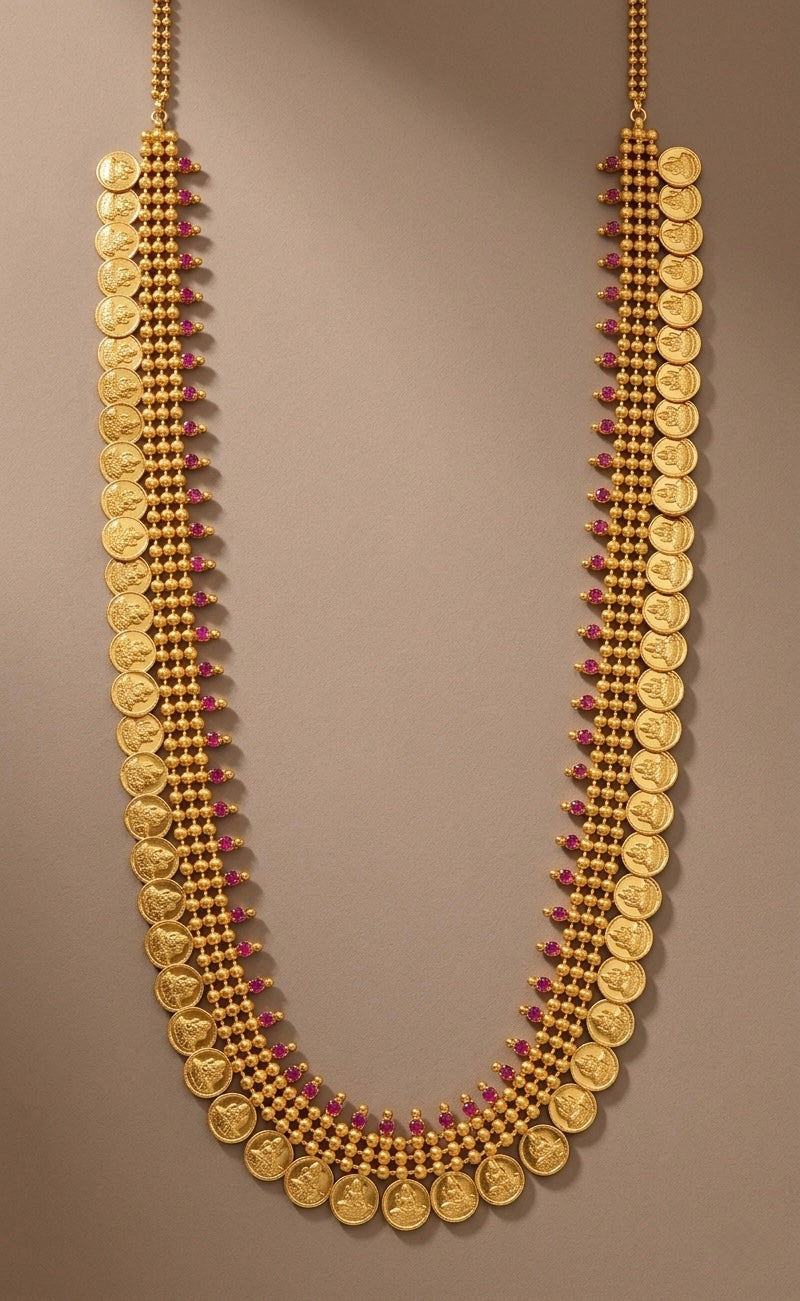 Gold tone pink stone lakshmi coin haar dj-53163