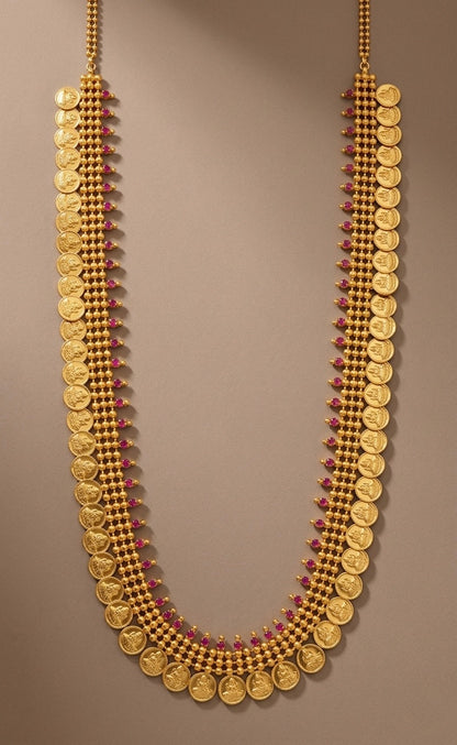 Gold tone pink stone lakshmi coin haar dj-53163