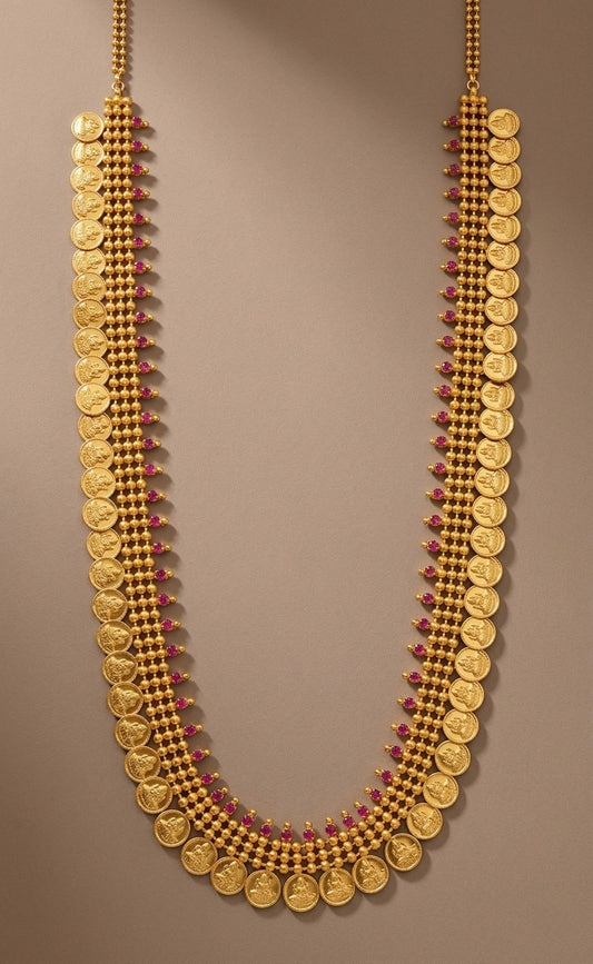Gold tone pink stone lakshmi coin haar dj-53163
