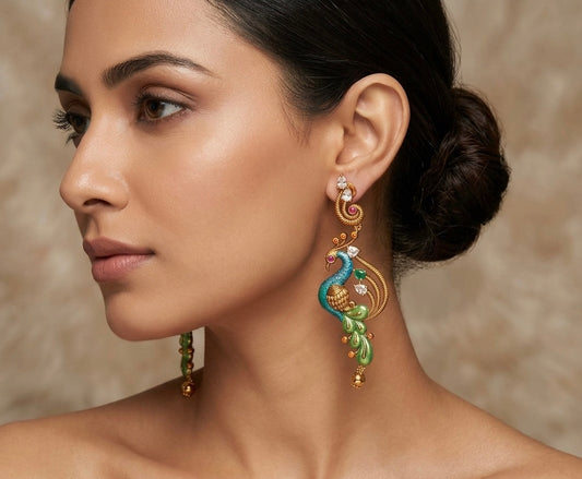 Matte finish blue-green meenakari peacock long earrings dj-54650