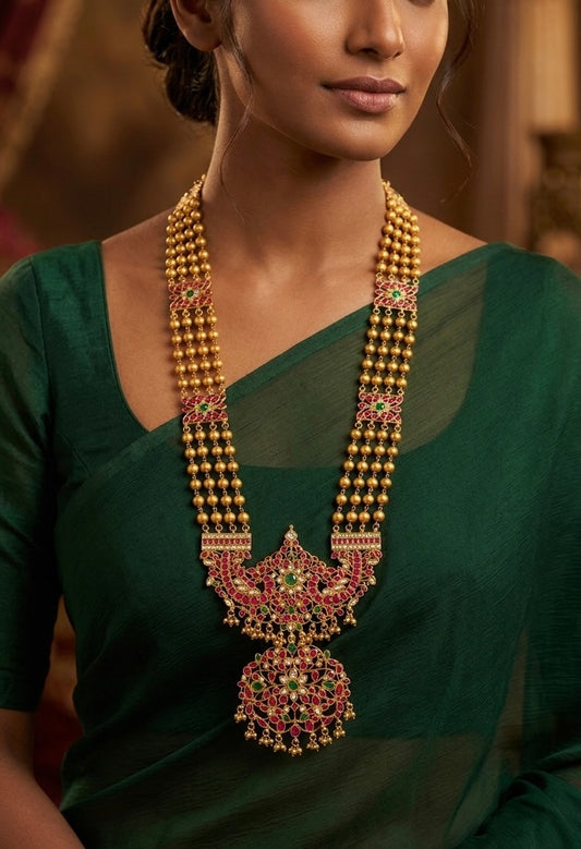 Gold tone pink-green-white flower kundan jadau haar dj-54158