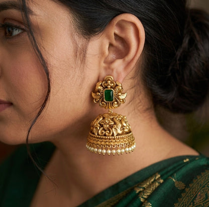Antique gold tone green nakshi huge elephant pearl jhumkka dj-54039