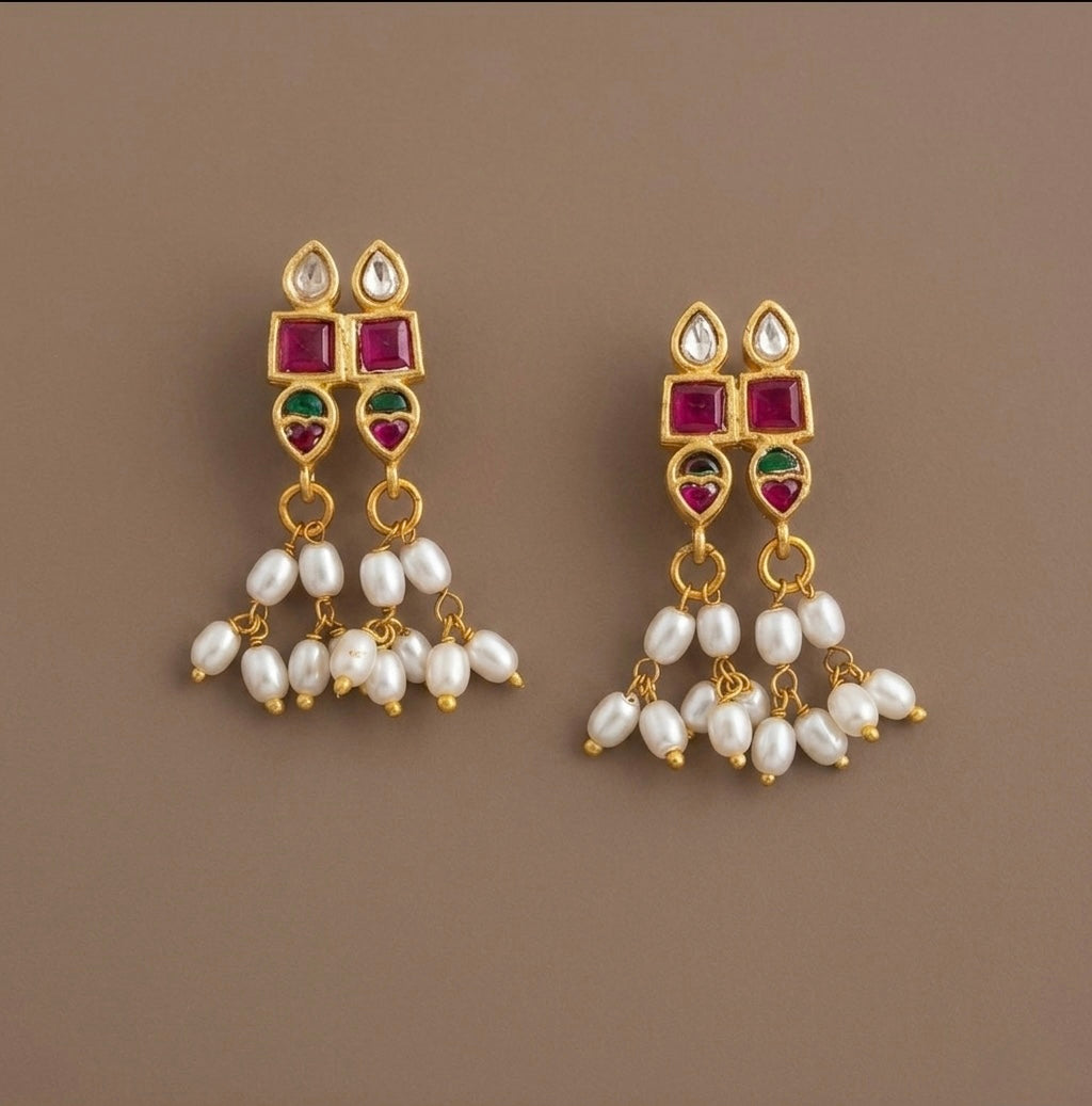 Gold tone pink-green-white stone pearl kundan jadau earrings dj-53559