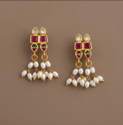 Gold tone pink-green-white stone pearl kundan jadau earrings dj-53559