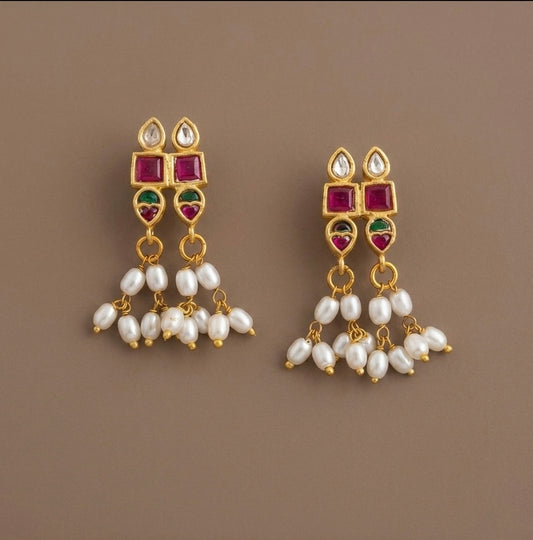 Gold tone pink-green-white stone pearl kundan jadau earrings dj-53559