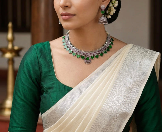 Silver tone pink-green palakka Kerala style necklace set dj-40646
