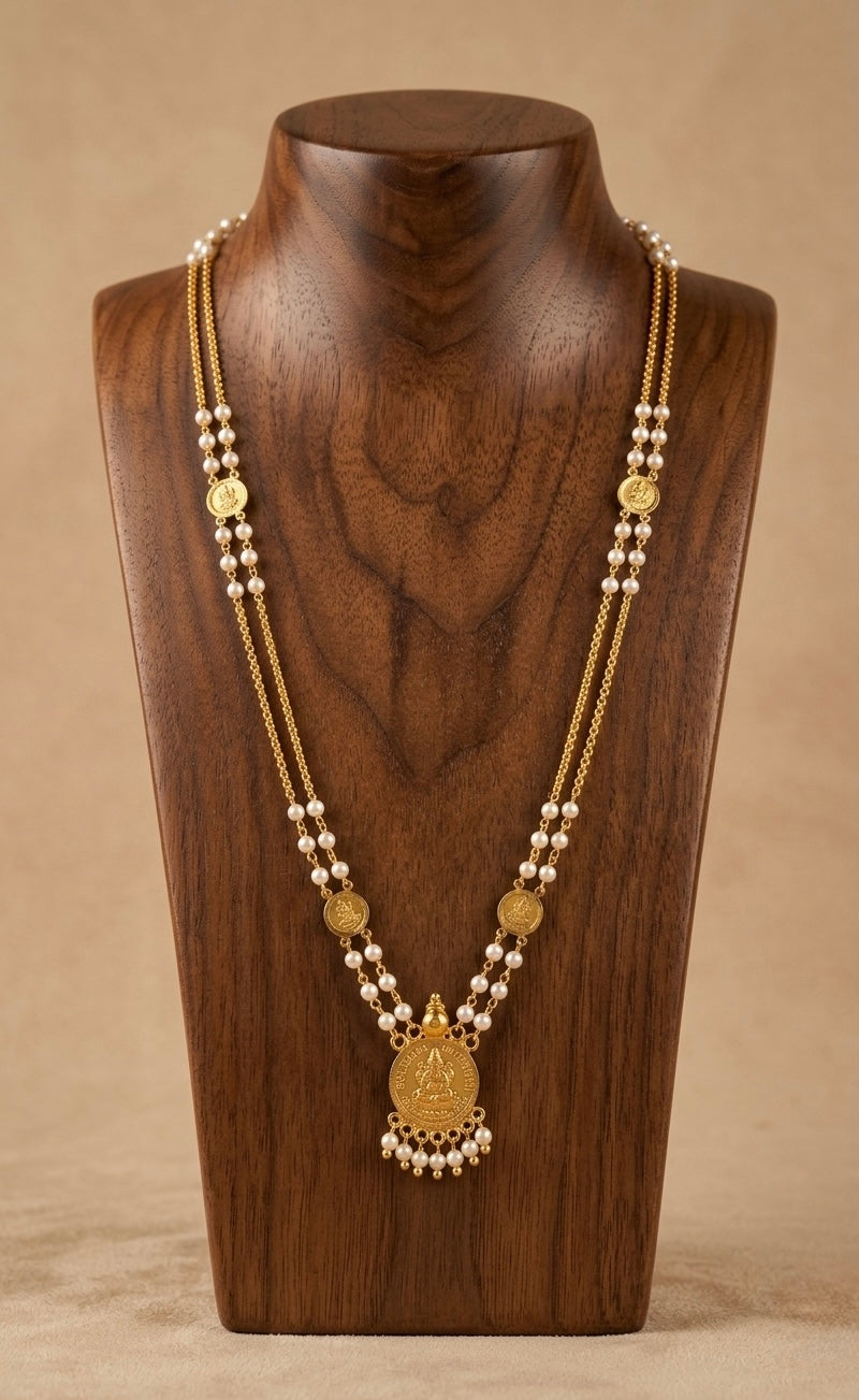 Gold tone lakshmi coin with pearl chain dj-53145