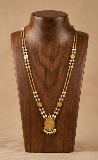 Gold tone lakshmi coin with pearl chain dj-53145